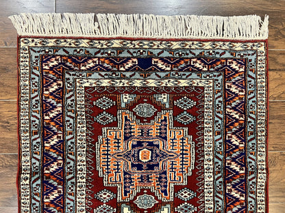 Kazak Rug Vintage Handmade Wool 3x5 Ft Pakistani Geometric Dark Red Oriental Carpet