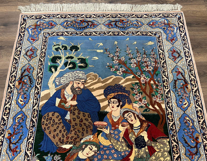 Fine Persian Isfahan Pictorial Rug 3.7 x 5, Kork Wool on Silk Foundation, Blue Persian Carpet, Hand Knotted, Humans Birds, High KPSI, Semi Antique