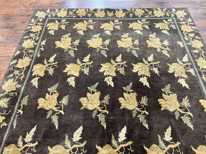 Tibetan Nepal Rug 6x9, Wool Hand Knotted Vintage Carpet 6 x 9, Dark Green & Golden Yellow, Floral Bouquets