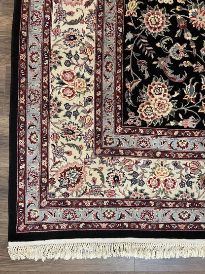 Hand Knotted Persian Rug 9x12 Wool Silk Highlights Vintage Black Cream
