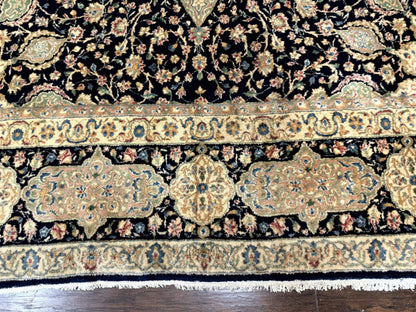 Persian Kerman Rug 10x14 Navy Blue Beige Floral Medallion Traditional Carpet Signed by Masterweaver