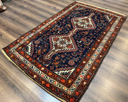 Persian Hamadan Rug 4x6 Antique Navy Blue Geometric Double Medallions Tribal Carpet