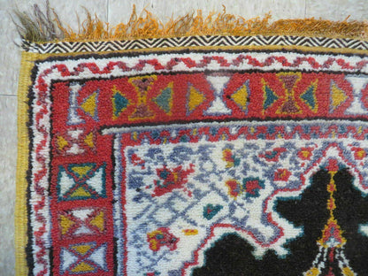 Antique Moroccan Runner Rug 3x7, Moroccan Prayer Rug, Double Mehrab Prayer Arches, Black and Red, Hand-Knotted Wool Carpet, Hallway Rug Nice