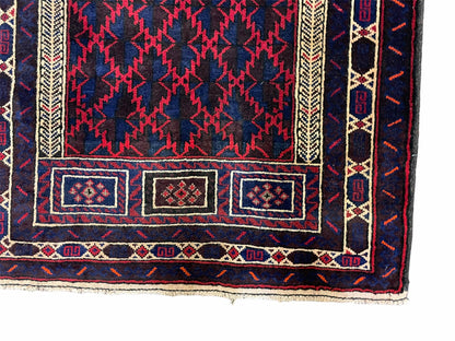 Balouchi Prayer Rug 3x5 Vintage Handmade Tribal Wool Afghan Rug Red Blue