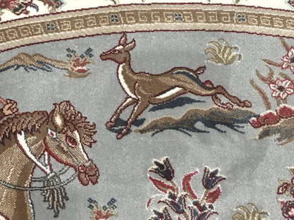 Round Silk Rug 6x6 Bamboo Silk Hunting Design With Animal Pictorials