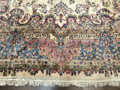 Palace Size Persian Kerman Rug 11x20 ft, Very Fine 340 KPSI, Vintage Oversized Wool Handmade Large Persian Carpet, Beige Light Blue Pink