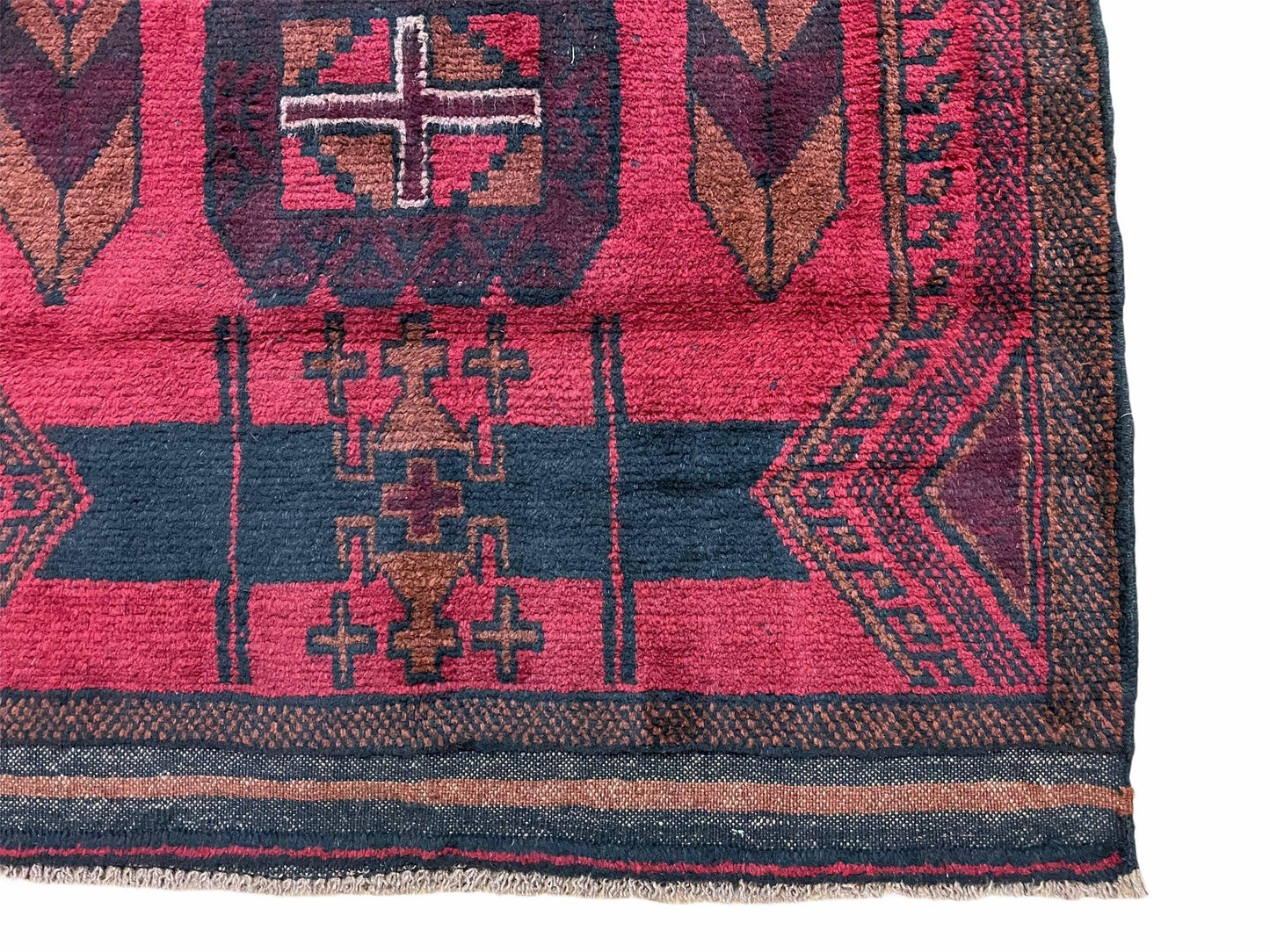 Balouchi Rug Vintage Hand Knotted Afghan Wool Tribal Area Rug Red Black