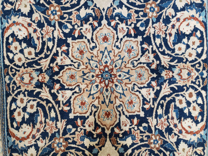 Semi Antique Persian Nain Rug Hand Knotted With Wool Silk Accents Ivory And Blue
