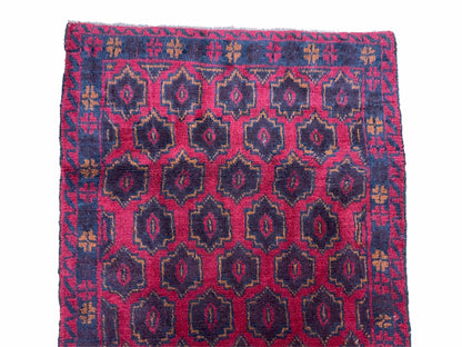 Balouchi Rug Vintage Handmade Tribal Wool Afghan 2ft 10in x 4ft 7in Red Blue