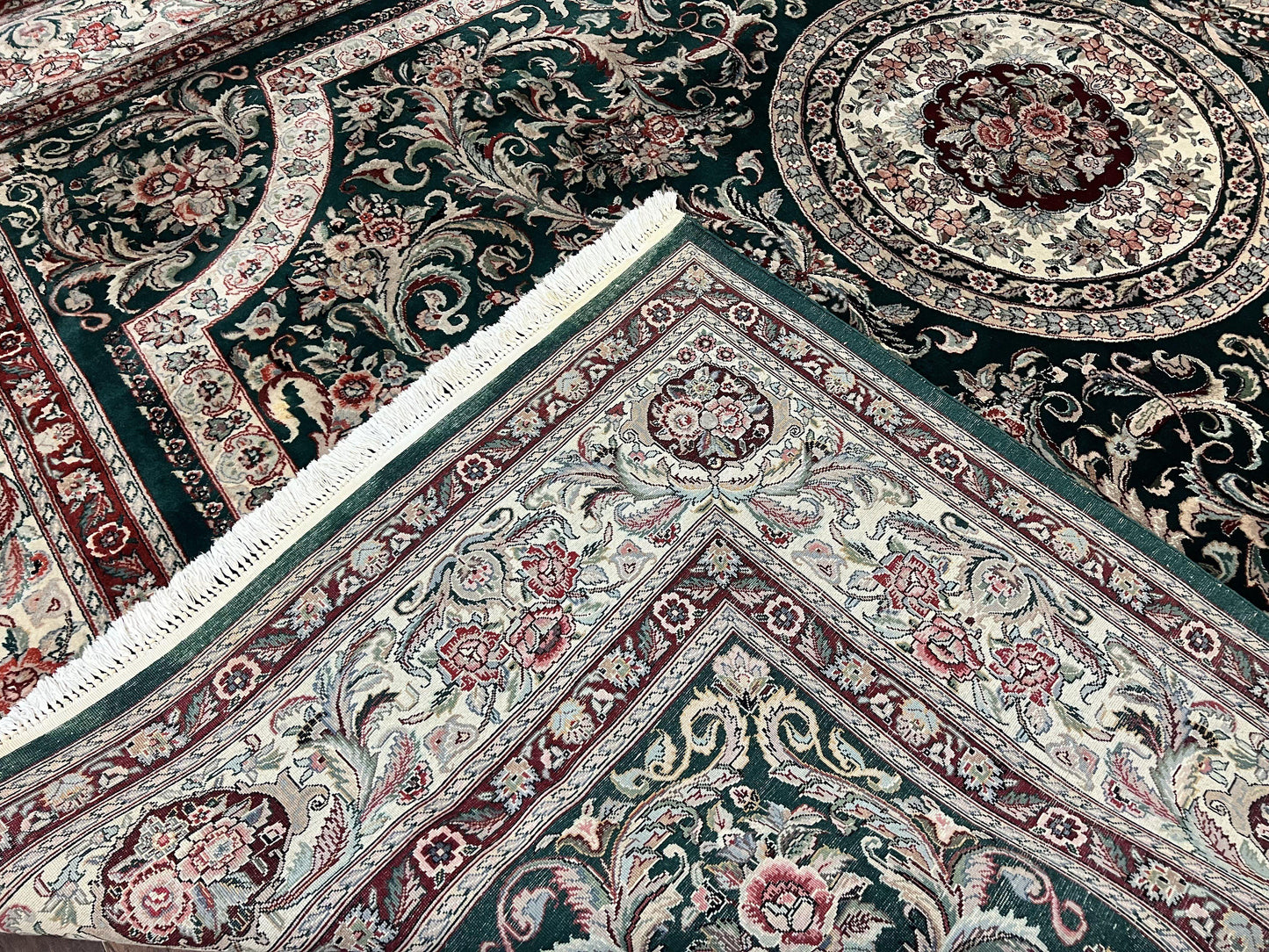 Persian Rug 9x12 Dark Green Cream Floral Medallion Handmade Wool Carpet