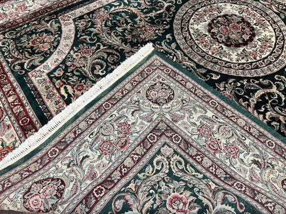 Persian Rug 9x12 Dark Green Cream Floral Medallion Handmade Wool Carpet