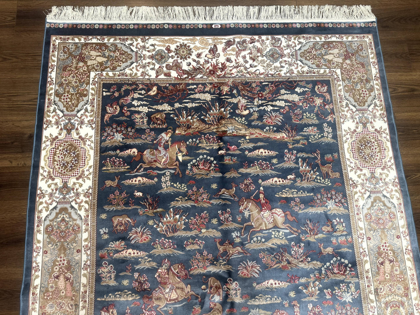 Bamboo Silk Rug Hunting Design 5x8 Steel Blue Ivory Contemporary Area Rug