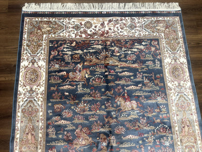 Bamboo Silk Rug Hunting Design 5x8 Steel Blue Ivory Contemporary Area Rug