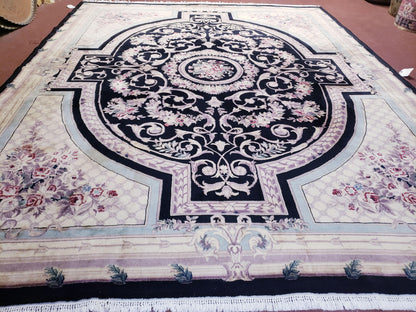 Aubusson Rug 8x10 Hand Knotted Wool Savonnerie Black Ivory French Design