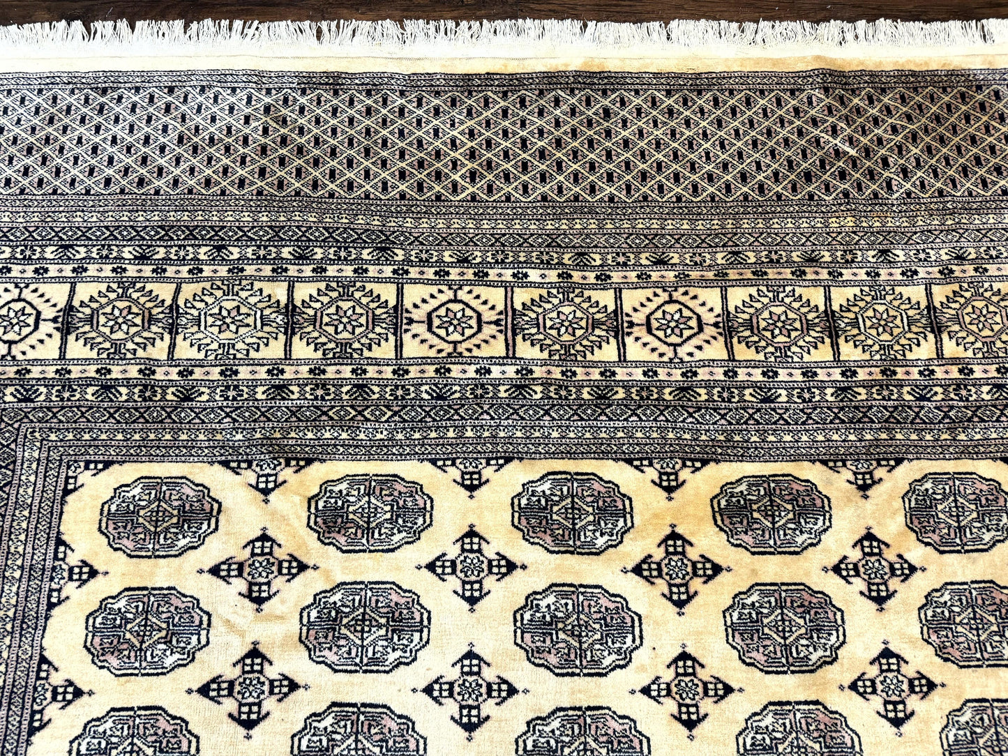 Pakistani Bokhara Turkoman Rug 9x11, Cream, Handmade Wool Vintage Carpet