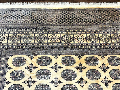 Pakistani Bokhara Turkoman Rug 9x11, Cream, Handmade Wool Vintage Carpet