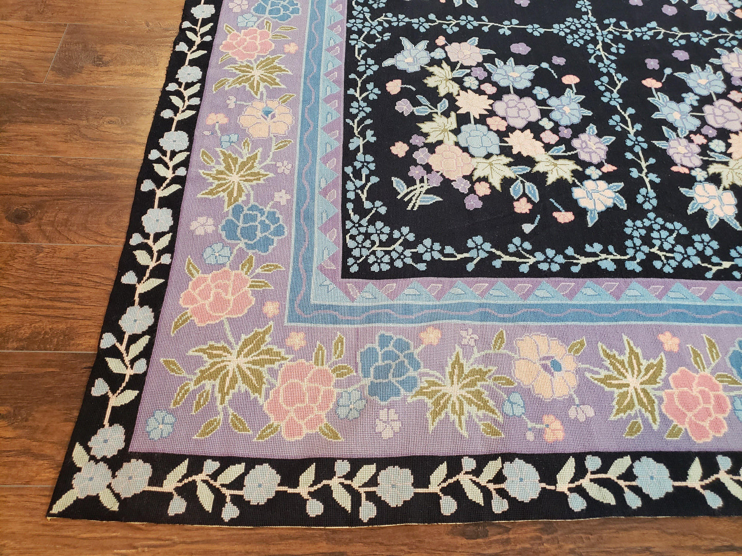 Chinese Needlepoint Rug Hand Woven Wool Vintage Floral Garden European Aubusson Design