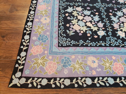 Chinese Needlepoint Rug Hand Woven Wool Vintage Floral Garden European Aubusson Design