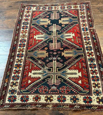 Antique Shirvan Caucasian Rug 3x5 Geometric Wool Hand Knotted Red Navy Beige