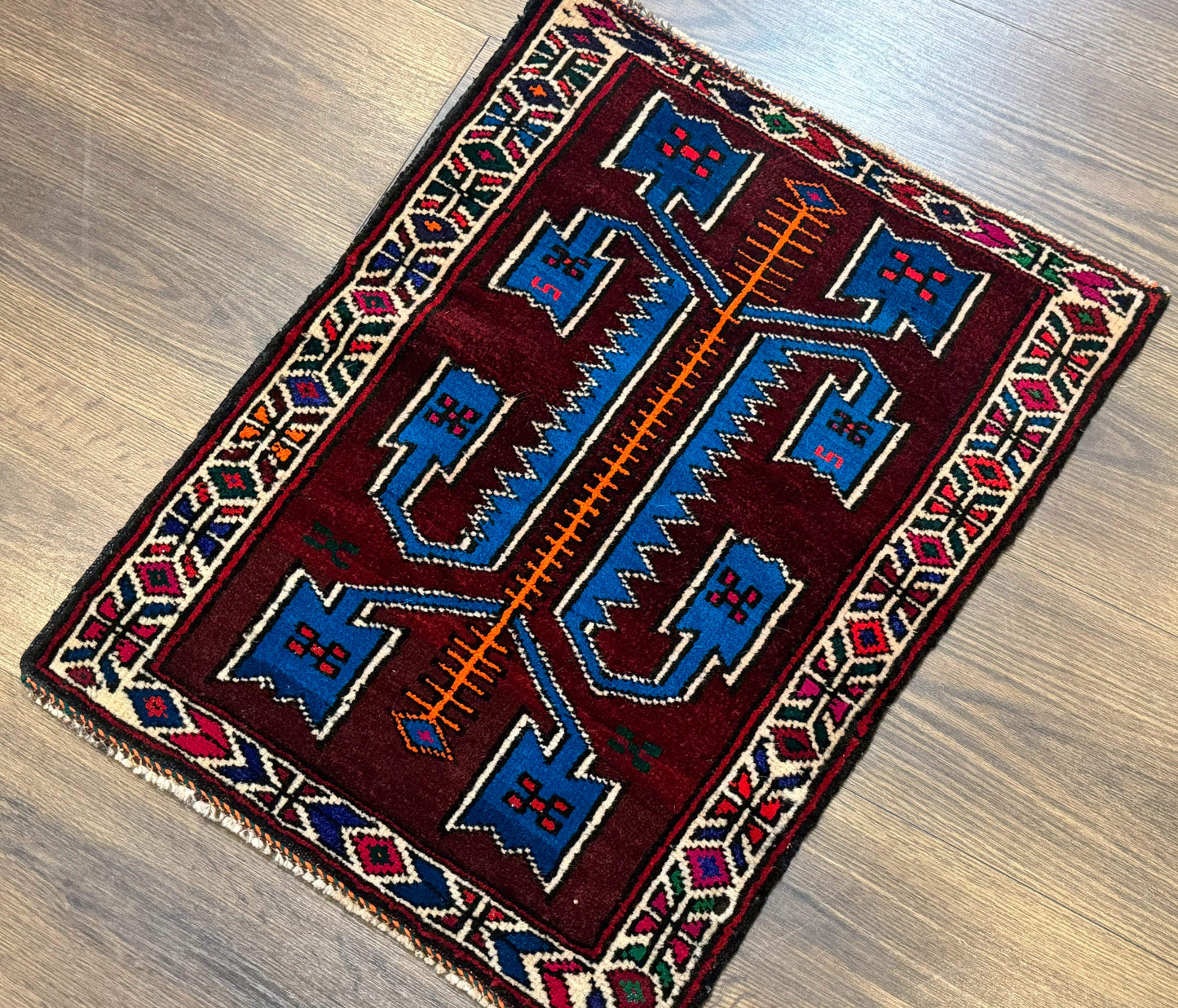 Persian Baluchi Rug Small Geometric Burgundy And Blue Design