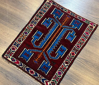 Persian Baluchi Rug Small Geometric Burgundy And Blue Design