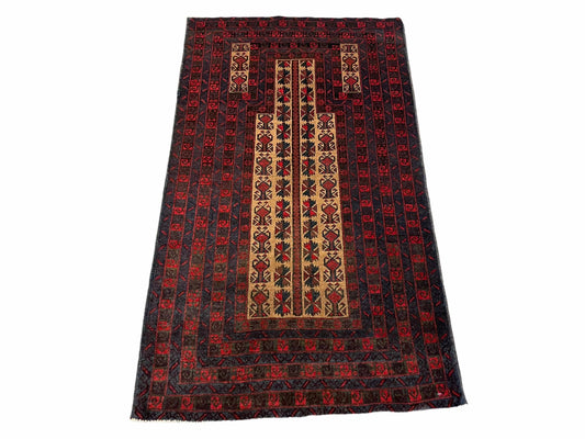 Turkoman Balouch Handmade Wool Rug Three By Three Point Five Vintage Red Tribal Prayer Carpet