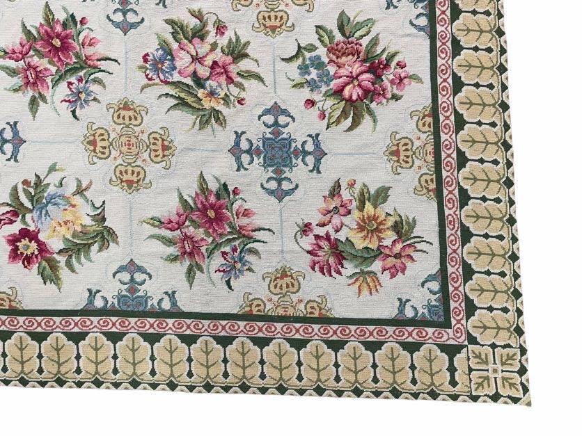 Hand-Knotted Needlepoint Carpet 6x9, Ivory/Cream Background, Colorful Flowers, Yellow Border, Aubusson Rug 6 x 9, New, Handmade