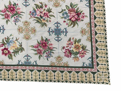 Hand-Knotted Needlepoint Carpet 6x9, Ivory/Cream Background, Colorful Flowers, Yellow Border, Aubusson Rug 6 x 9, New, Handmade