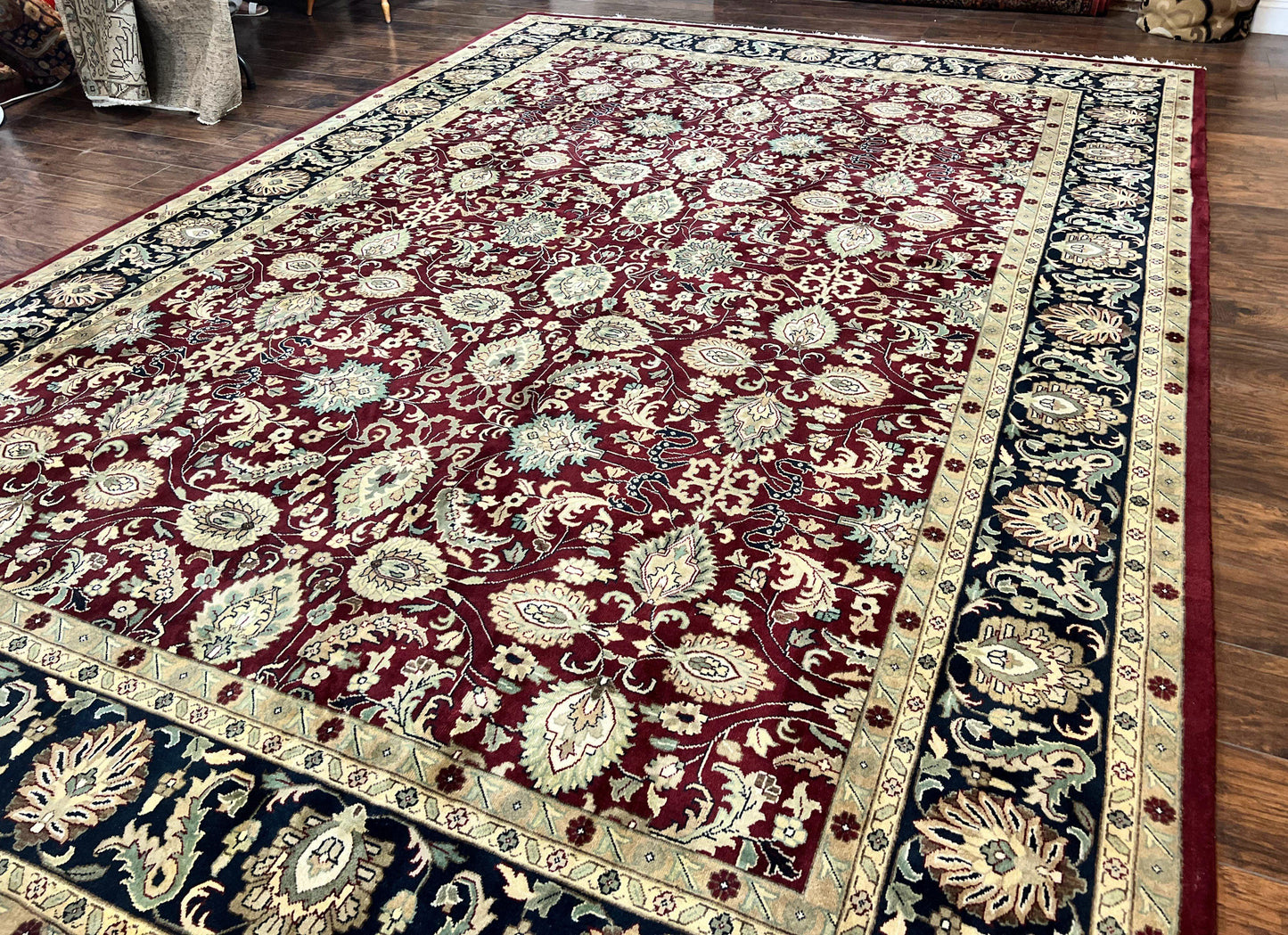 Indo Persian Rug 10x14, Floral Allover, Maroon, Handmade Hand Knotted VIntage Wool Rug, Large Oriental Carpet