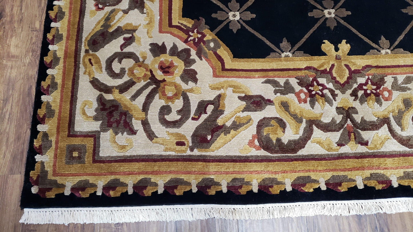 Nepal Rug 6x9 Hand Knotted Wool Aubusson Area Rug Black Beige Tibetan Savonnerie Style