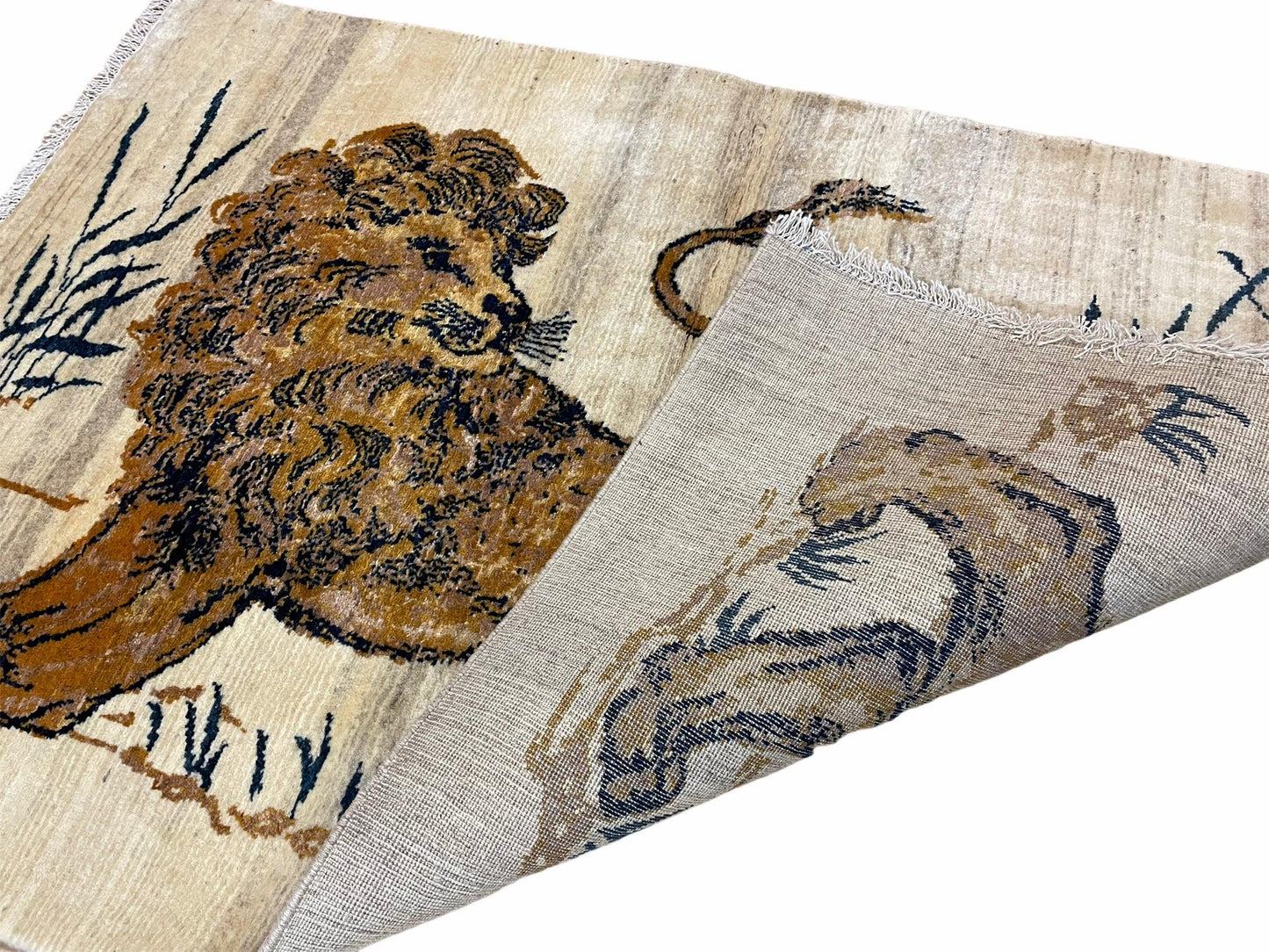 Handmade Wool Rug Hand Knotted Lion Vintage 3.5x4 New Organic Dyes