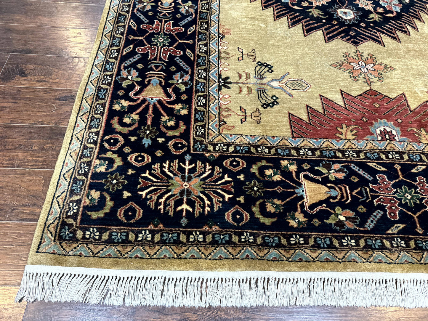 Indo Persian Heriz Rug 8x12 Hand Knotted Wool Decorative Vintage Area Rug Camel Hair Tan And Navy Blue