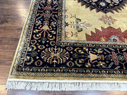 Indo Persian Heriz Rug 8x12 Hand Knotted Wool Decorative Vintage Area Rug Camel Hair Tan And Navy Blue