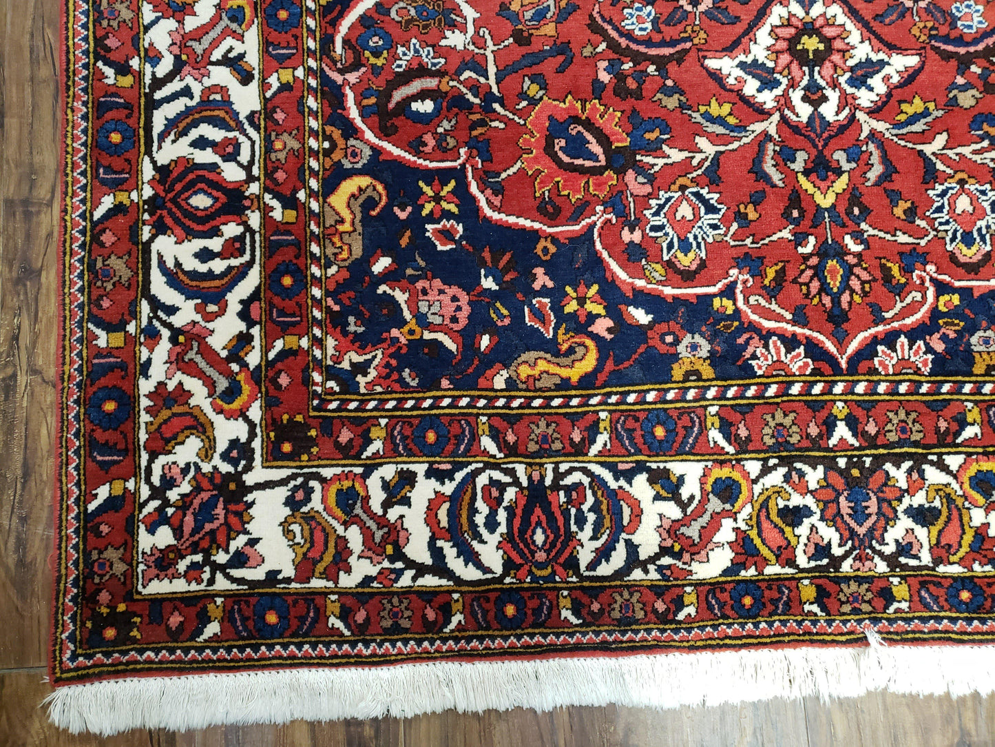 Semi Antique Persian Bakhtiari Rug, Hand-Knotted, Wool, Red, Midnight Blue, Ivory, Floral Medallion, 5'1" x 8' 6"