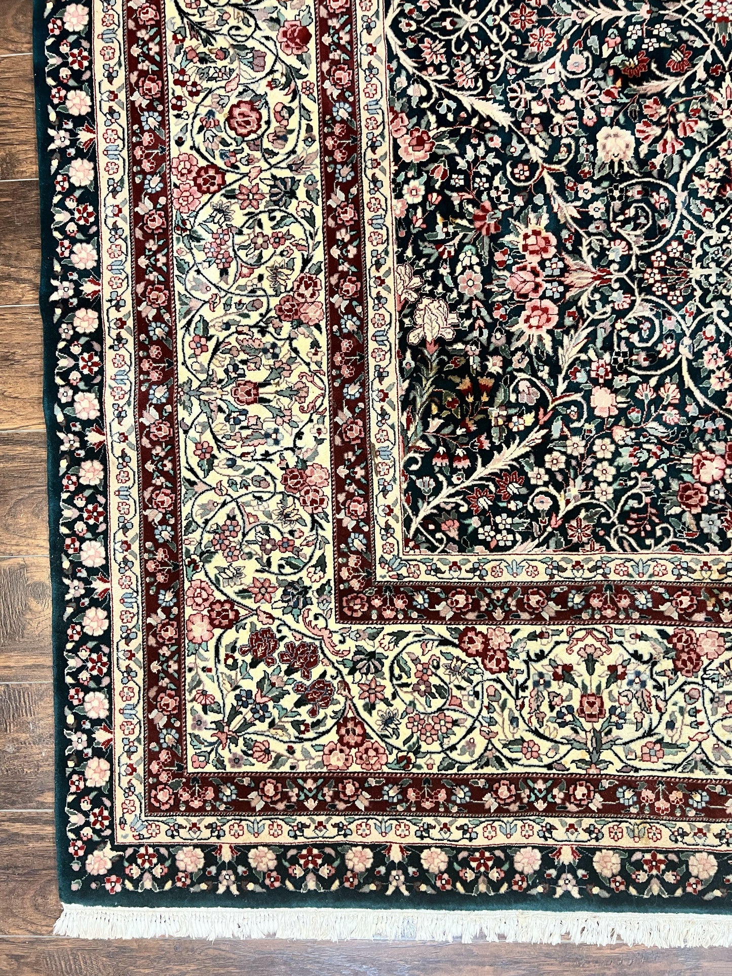 Premium Sino Persian Rug 10x14 Wool Hand Knotted Kirman Floral Dark Green Beige