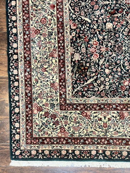 Premium Sino Persian Rug 10x14 Wool Hand Knotted Kirman Floral Dark Green Beige