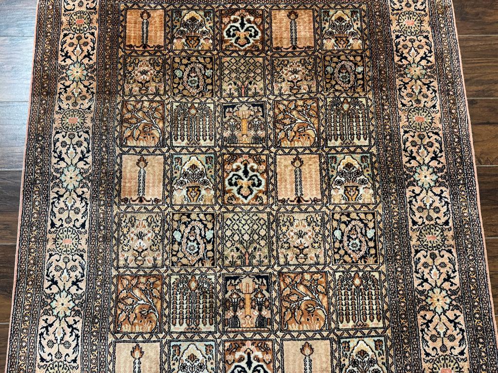 Indian Kashmiri Silk Rug 4x6, Panel Design, Multicolor, Fine