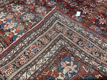 Antique Persian Bijar Rug 9x12 Allover Motif Red Blue Wool Handmade