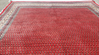 Persian Sarouk Mir Pattern, Red and Beige, Hand-Knotted, Wool, Paisley Boteh Design, 9'9" x 13', Semi Antique