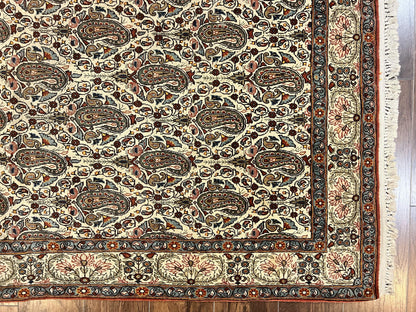 Persian Qum Rug 5x6 Cream Wool Hand Knotted Carpet With Repeated Boteh Paisley Design Semi Antique Vintage