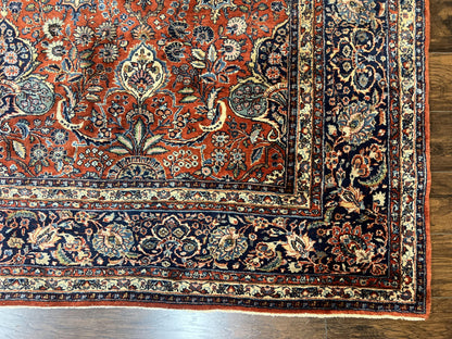 Persian Sarouk Rug 9x12 Handmade Wool Qazvin Antique Carpet Red And Dark Blue Floral Allover