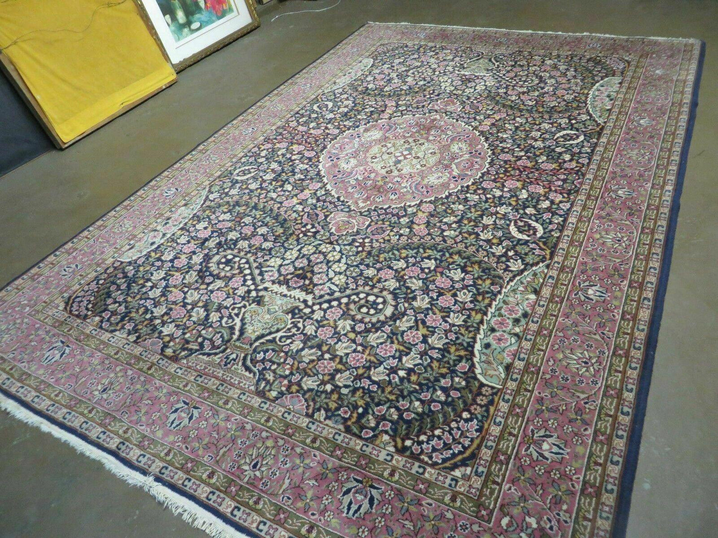 Turkish Sivas Rug 7x11, Navy Blue & Pink, Millifluer Floral Wool Carpet, Vintage
