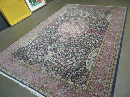 Turkish Sivas Rug 7x11, Navy Blue & Pink, Millifluer Floral Wool Carpet, Vintage