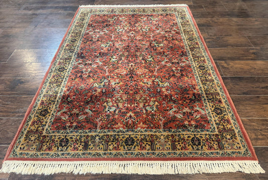 Persian Hunting Design Rug 4.7 x 6.5, Hunting Scene, Red-Orange, Wool, Belgian Power Loomed Carpet