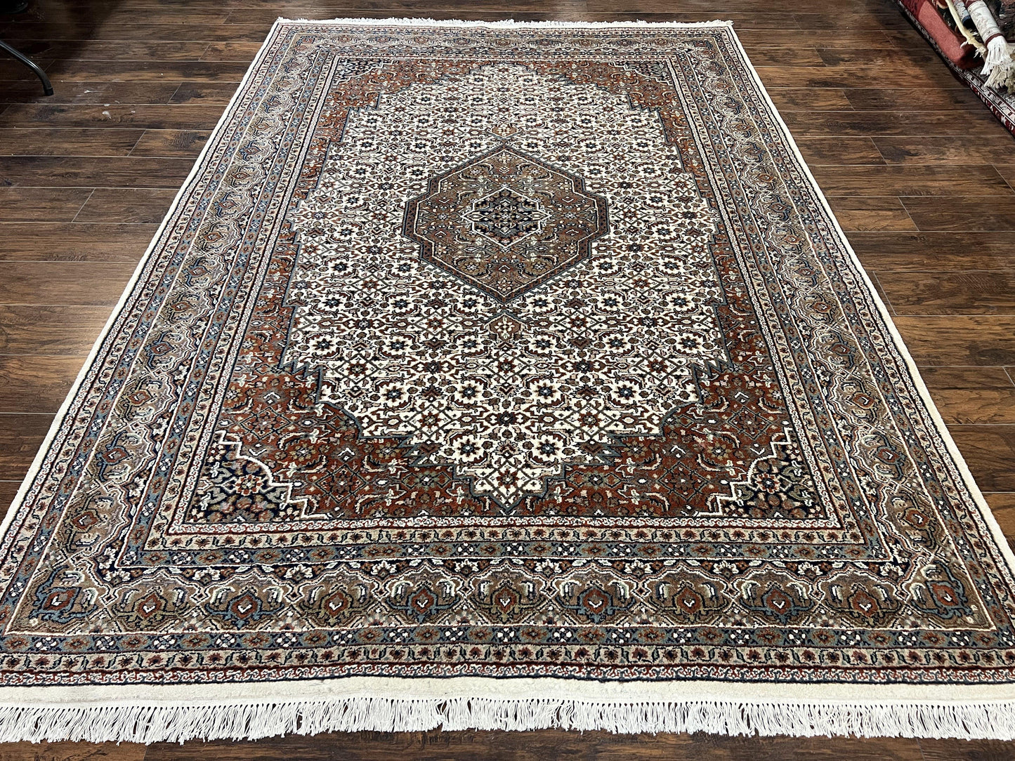 Indo Persian Rug 7x10 ft, Hand Knotted Wool Vintage Oriental Carpet 7 x 10, Traditional Handmade Herati Bidjar Cream Rug, Medallion Rug