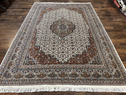 Indo Persian Rug 7x10 ft, Hand Knotted Wool Vintage Oriental Carpet 7 x 10, Traditional Handmade Herati Bidjar Cream Rug, Medallion Rug
