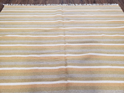 New Indian Kilim Area Rug, 6x8 - 7x8 South American Style Blanket, Striped Indian Wool Hand-Woven Flat Weave 6x9 Bedroom Rug, Ivory Ochre