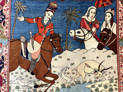 Rare Persian Kashan Pictorial Rug 6x9, King Bahram Hunting Scene, Persian Kings, Hand Knotted Persian Rug for Wall Hanging, Antique, Wool