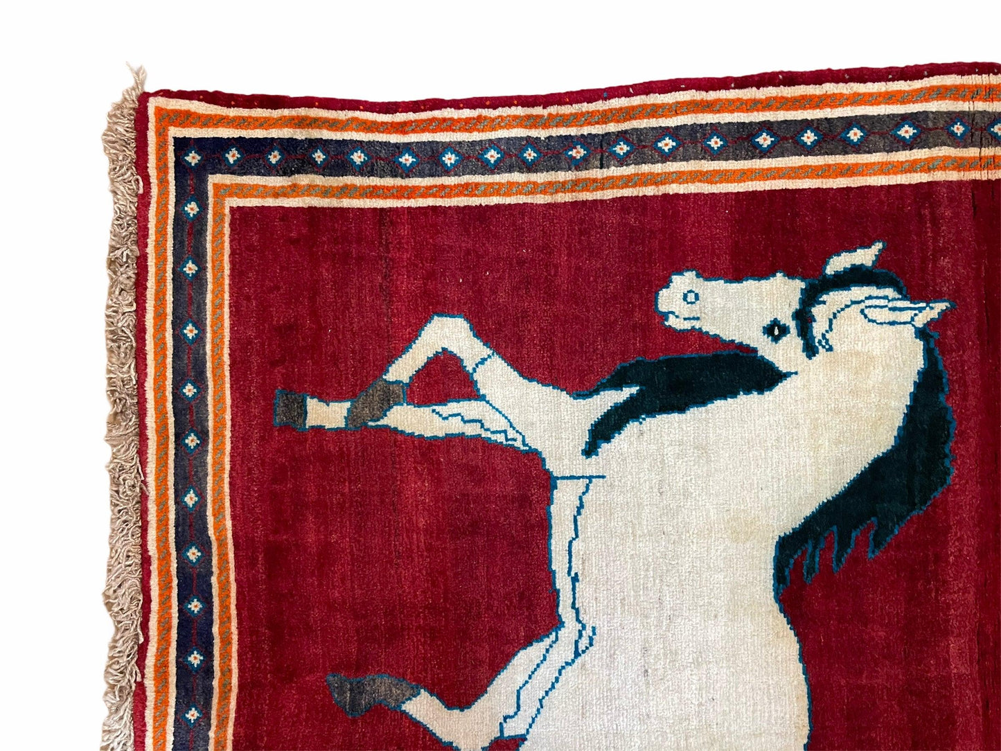 Handmade Hand-Knotted Wool Rug With Horses Motif Vintage White And Red 3.5 x 6