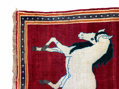 Handmade Hand-Knotted Wool Rug With Horses Motif Vintage White And Red 3.5 x 6